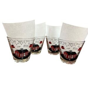 4 Vintage MCM Bar Drinking Glasses All Roads Lead to Caledonia Schoolhouse KITCH